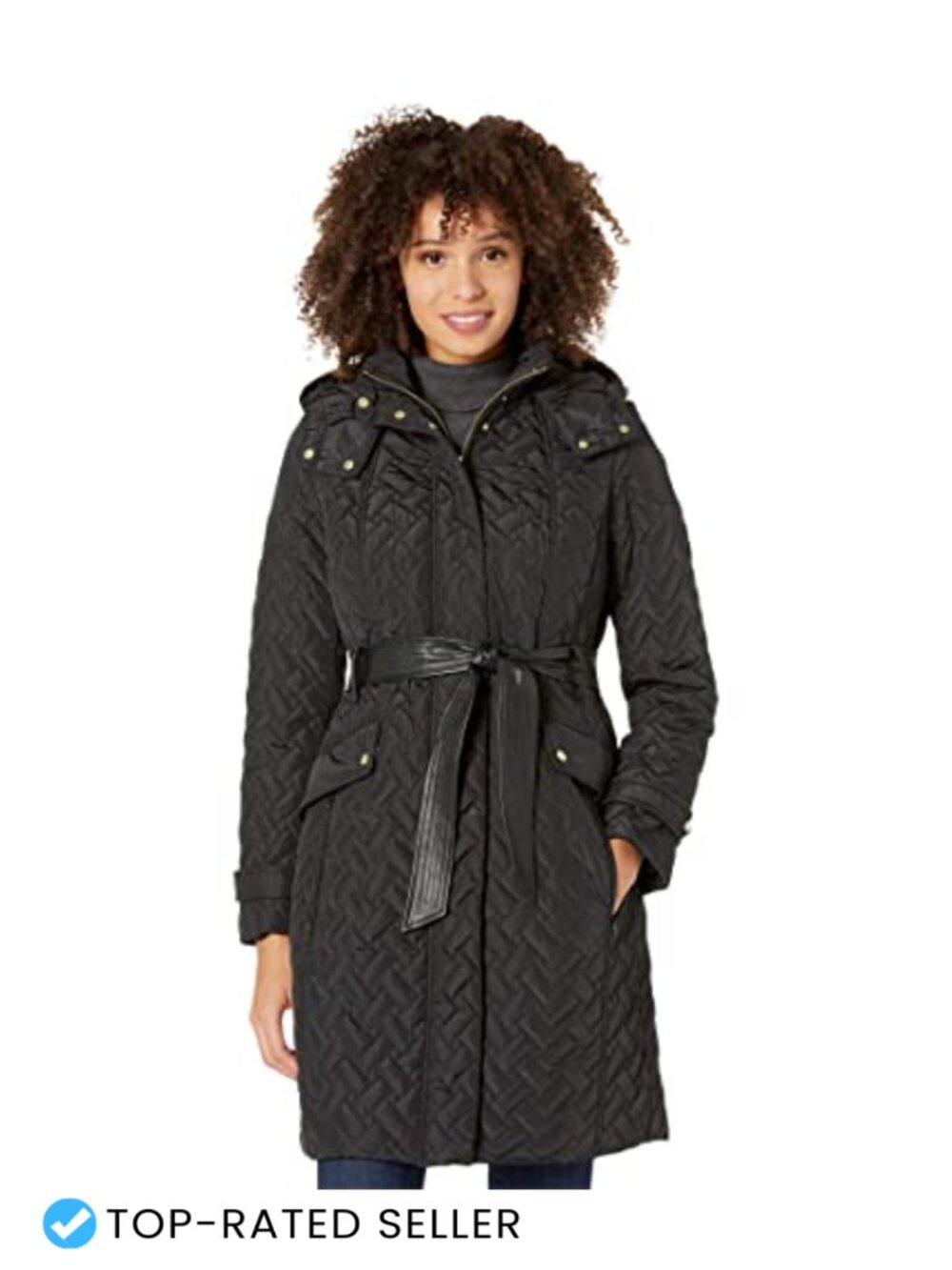 Faux Leather Belted Quilted Coat Slim Fit Long Sleeve Women's Outerwear